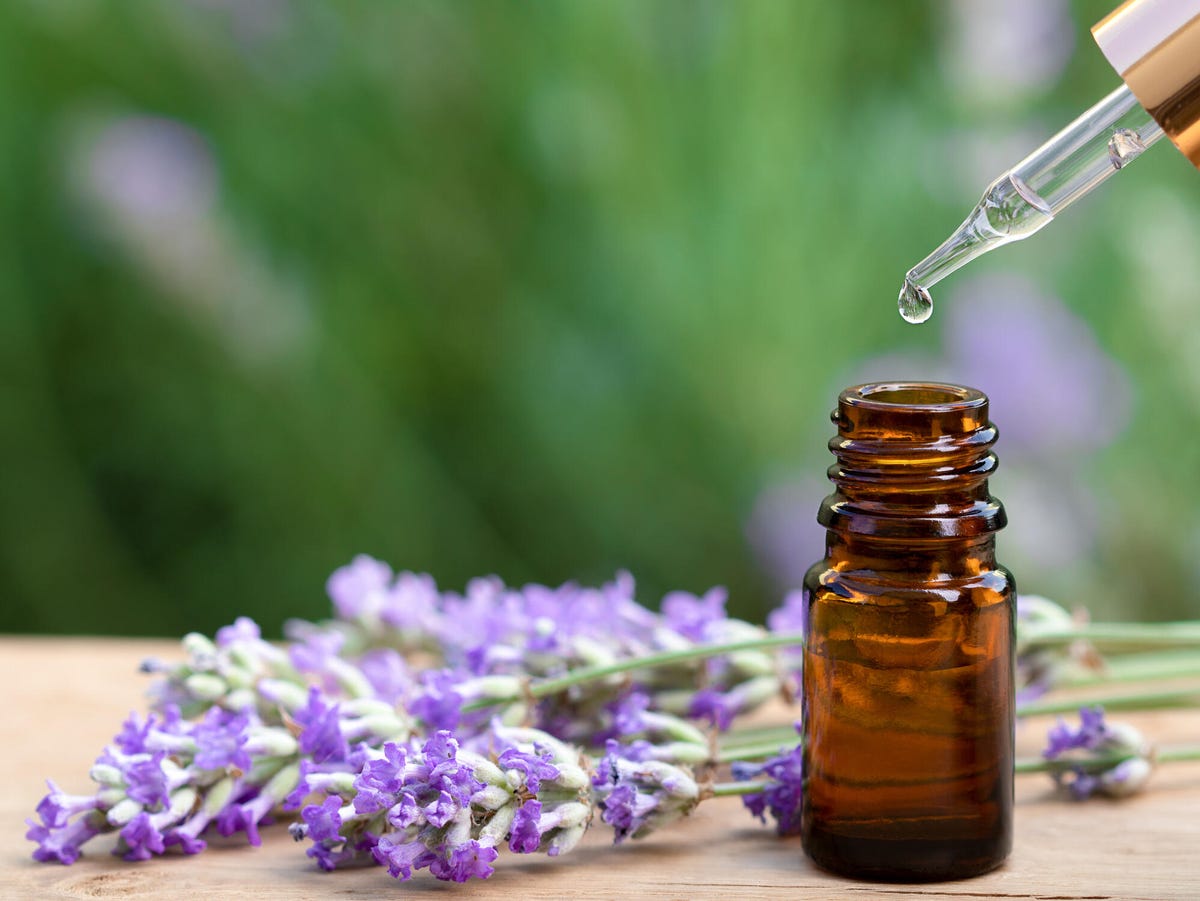 Lavender essential oil in a bottle with a dropper